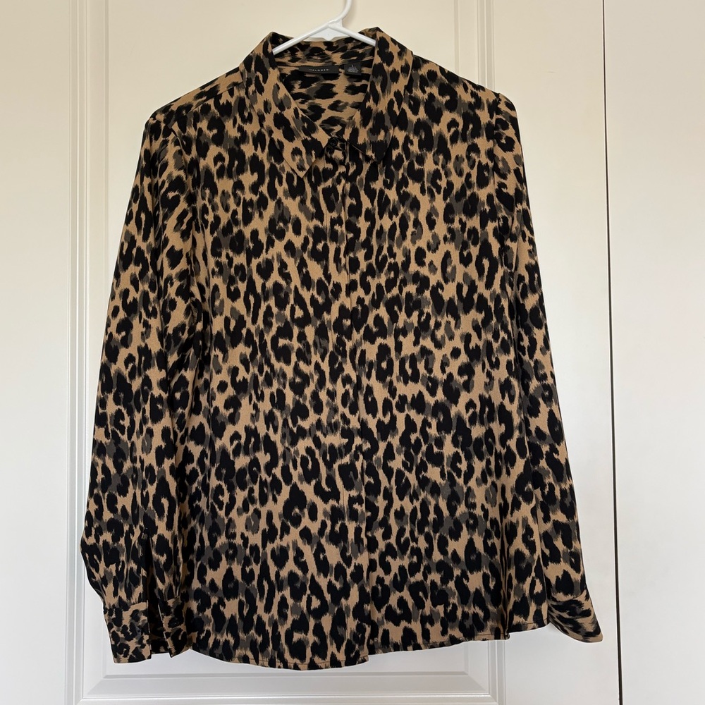 Petite Halogen Leopard Print Long Sleeve Blouse - Black & Tan